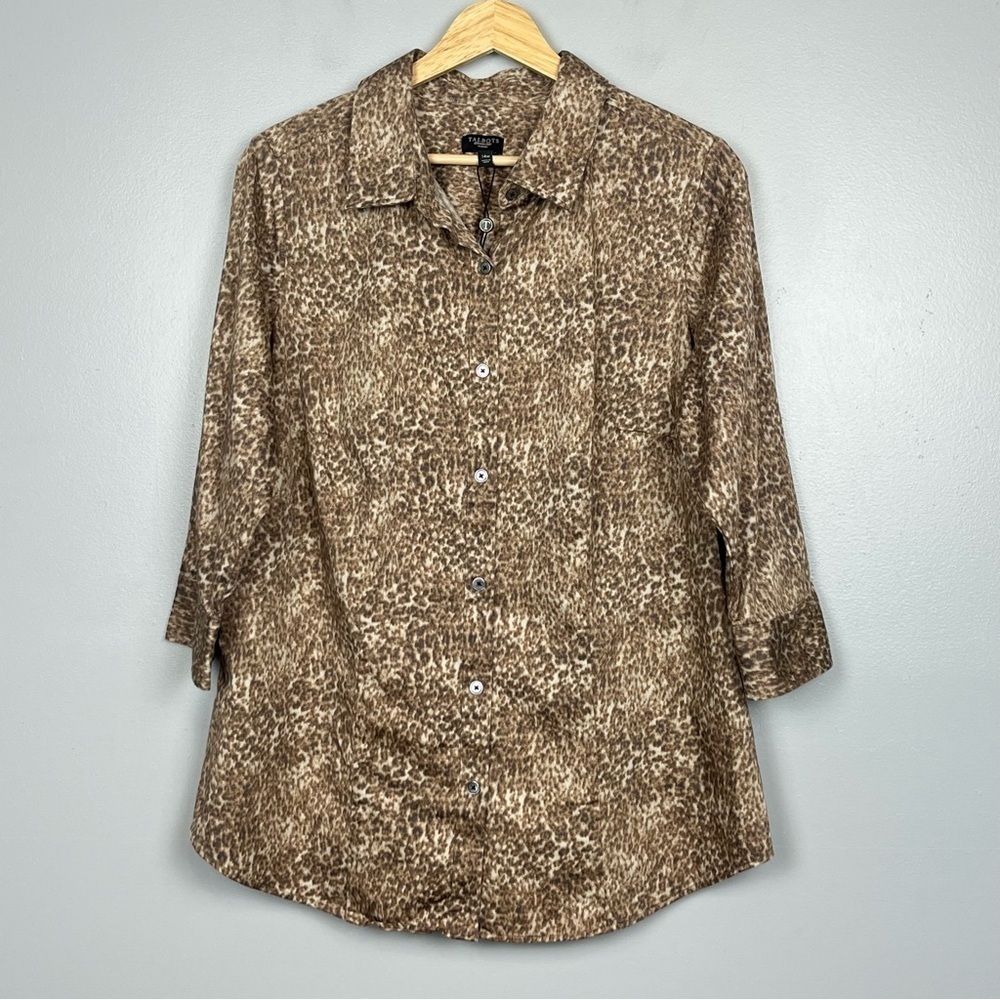 Talbots cotton spandex cheetah print fitted 3/4 sleeve button front shirt, 14W.